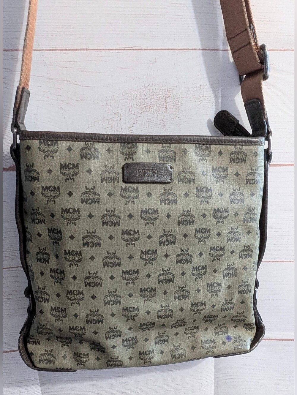 Vintage MCM Monogram Messenger Bag with Brown Trim
